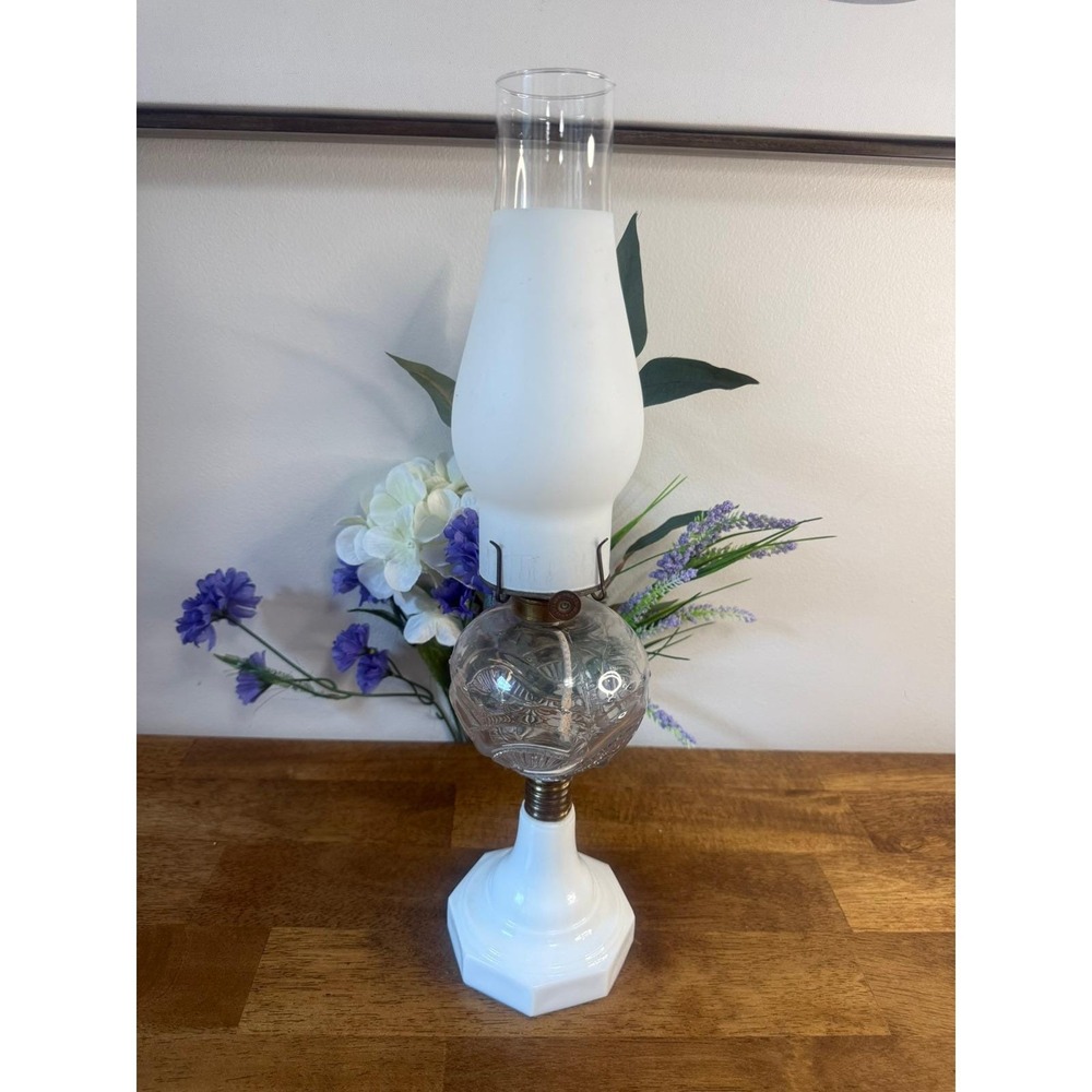 Antique Uranium Glass Oil Lamp Milk Glass Base Victorian Kerosene Lamp Farmhouse